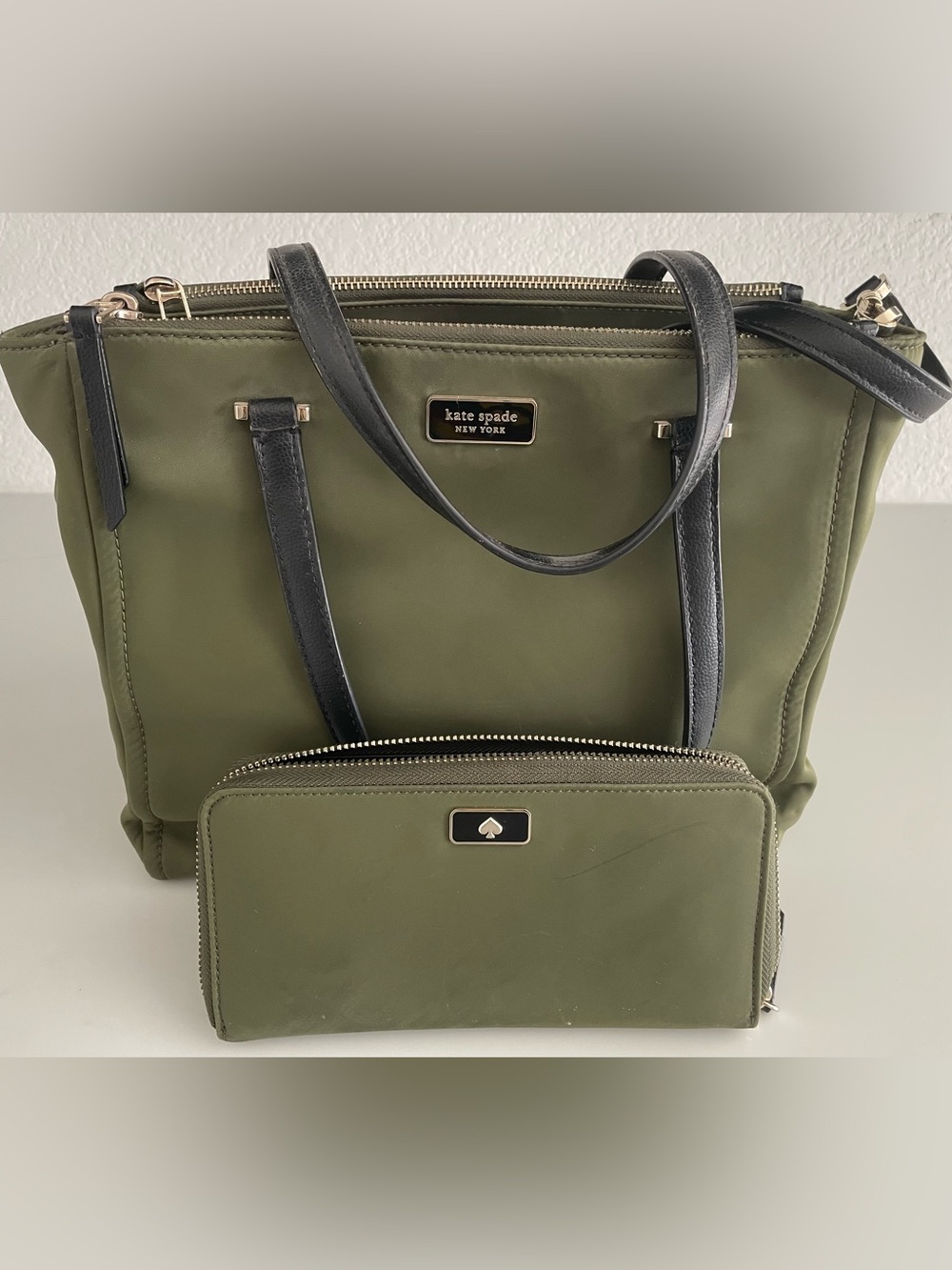 Kate Spade Olive Green Tote with Matching Wallet (some small stains)